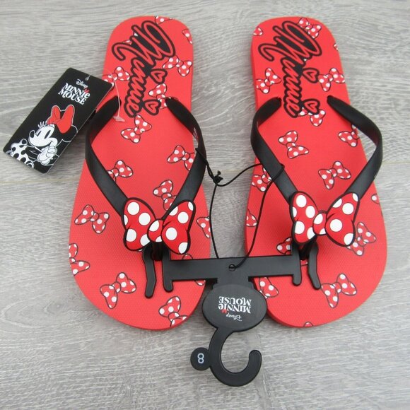 Disney Minnie Mouse Sandal Flip Flops Red White Polka Bow Tie Women's Size 8 NEW - Picture 2 of 11